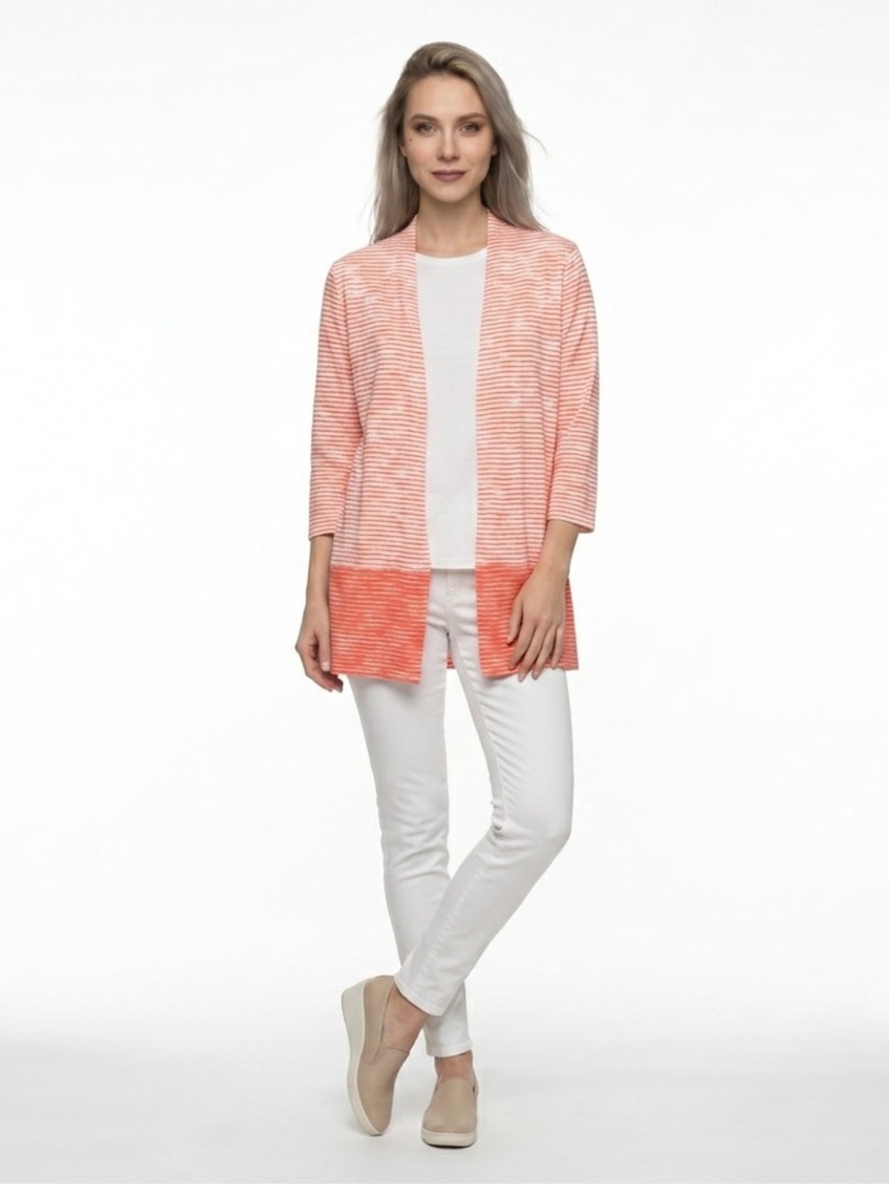 NWT Chico’s Women’s White & Coral Striped Open Front 3/4 Sleeve Knit Top Sz 2